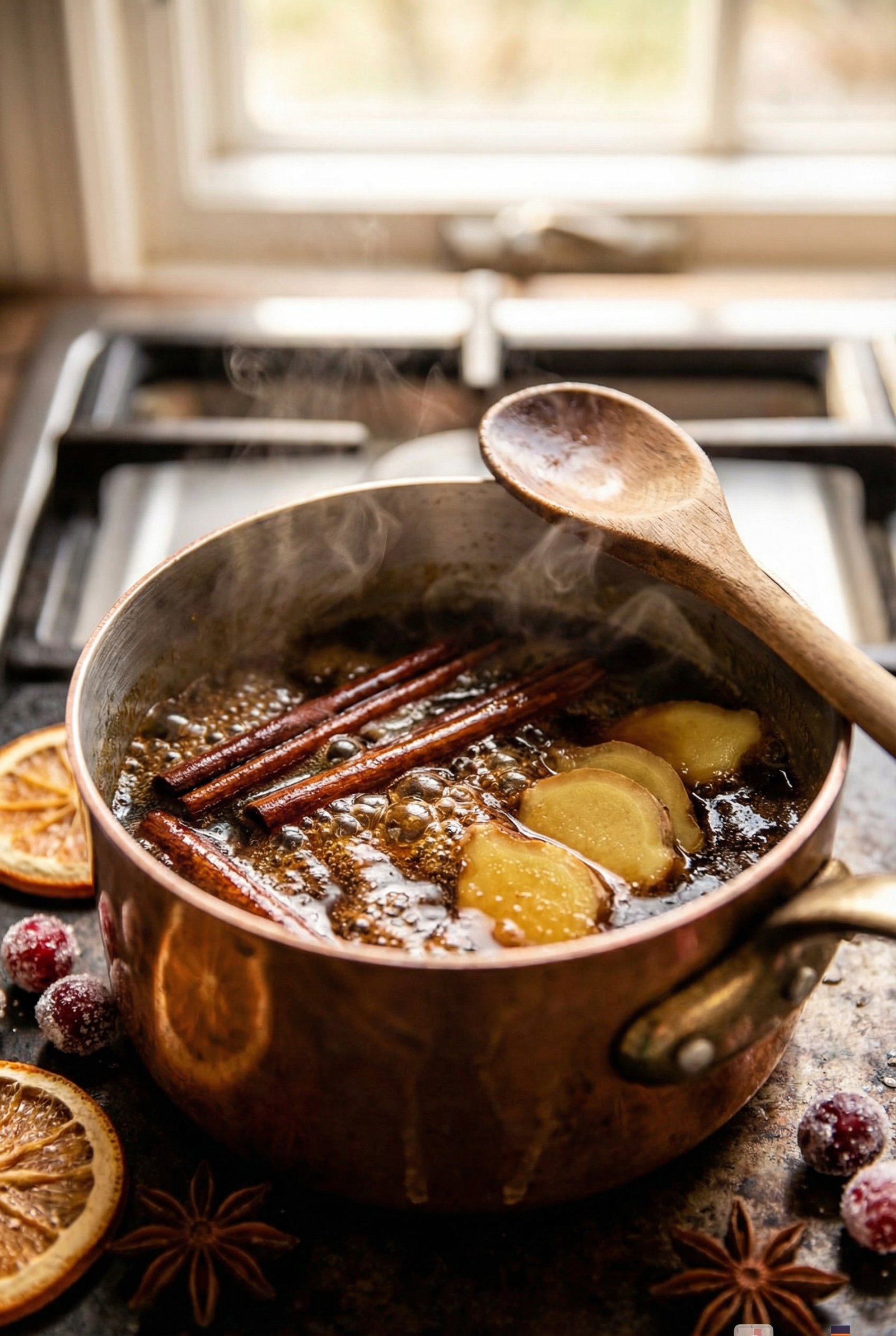 A close-up photograph of a copper saucepan on a stovetop, filled with a dark, simmering gingerbread syrup infused with cinnamon sticks and star anise.