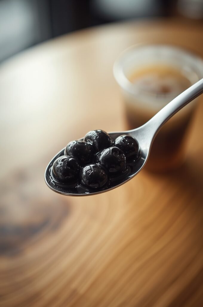 : “Macro lifestyle photo of tapioca pearls on a spoon with soft blurred café background.”