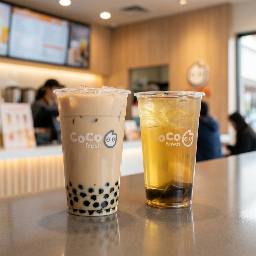 CoCo Fresh milk tea next to a lighter tea option inside a bubble tea shop