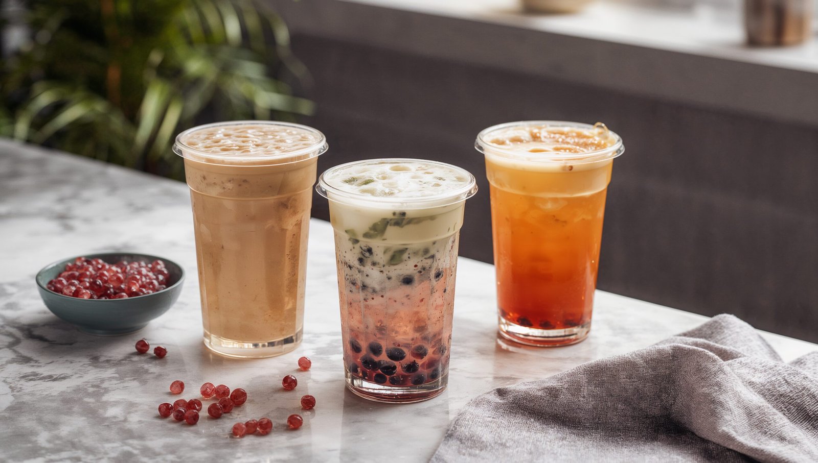 “Five colorful bubble tea drinks on a sunlit marble table, including matcha, Thai tea, milk tea, and strawberry flavors.”