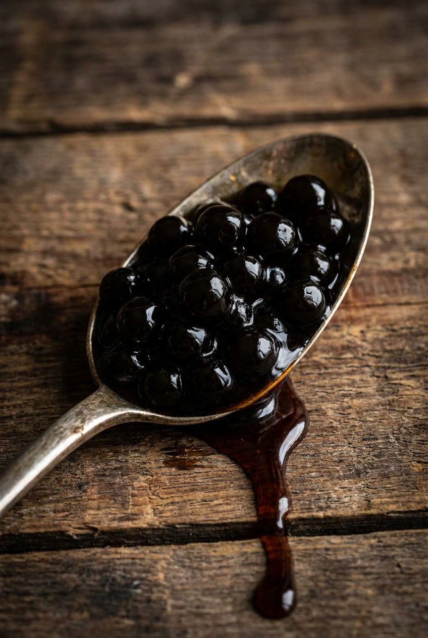 Vintage spoon holding dark, sticky black tapioca pearls dripping with brown sugar syrup.