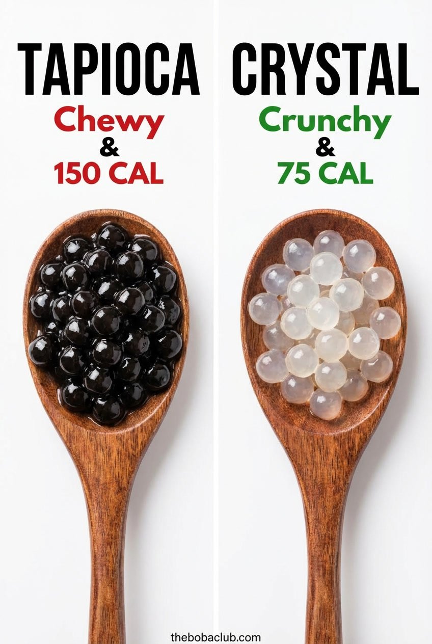 Modern split-screen infographic comparing calories of Tapioca (150) vs Crystal Boba (75).