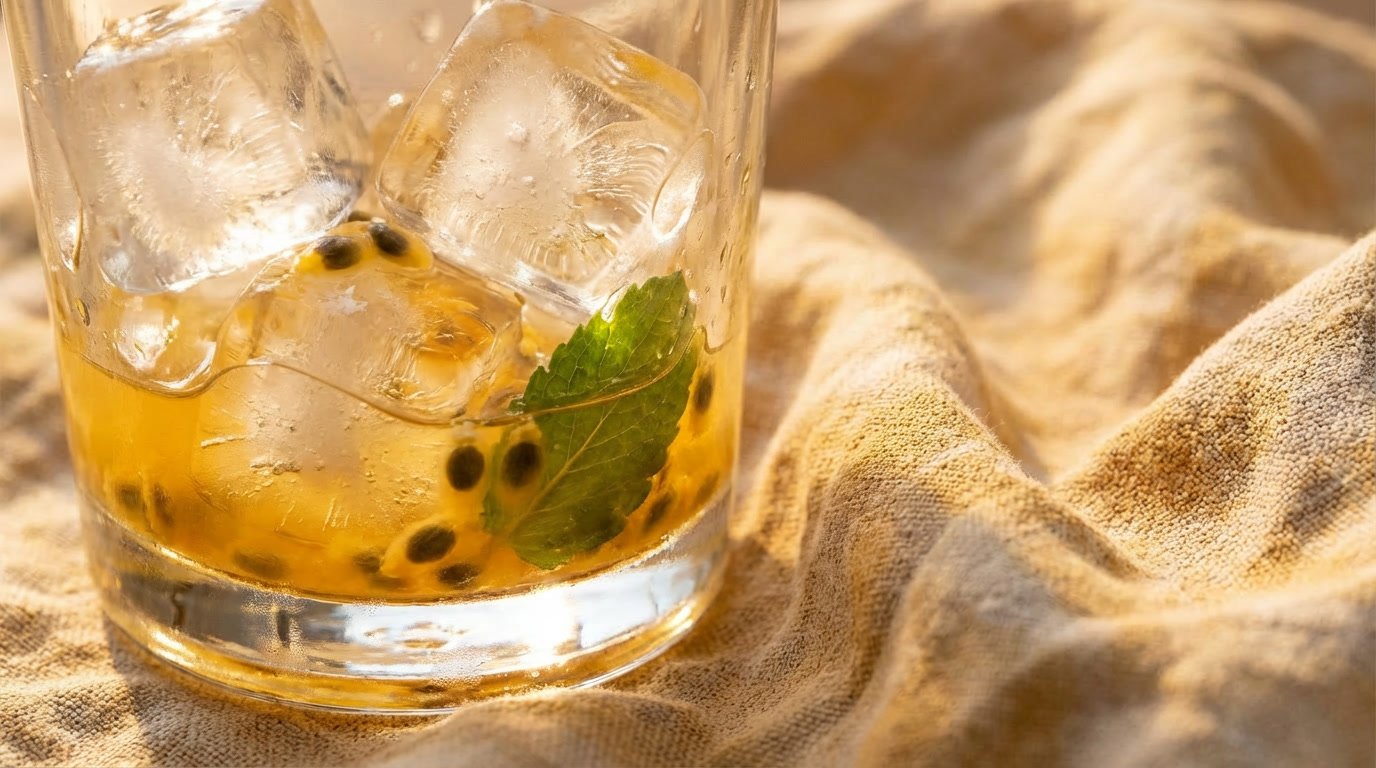 Macro close up of empty passion fruit tea glass with ice and mint.