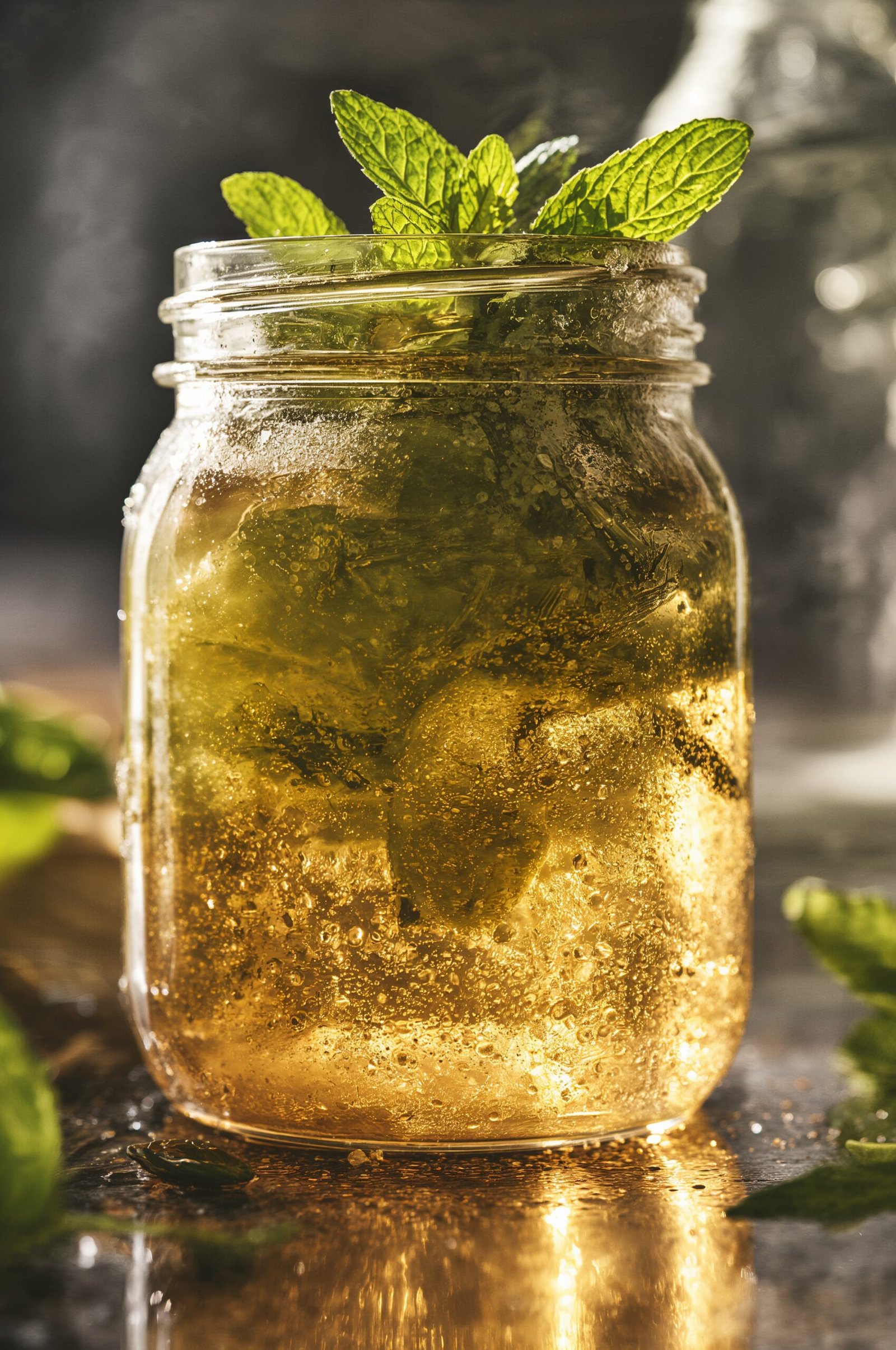 Fresh mint leaves steeping in a jar of homemade simple syrup.