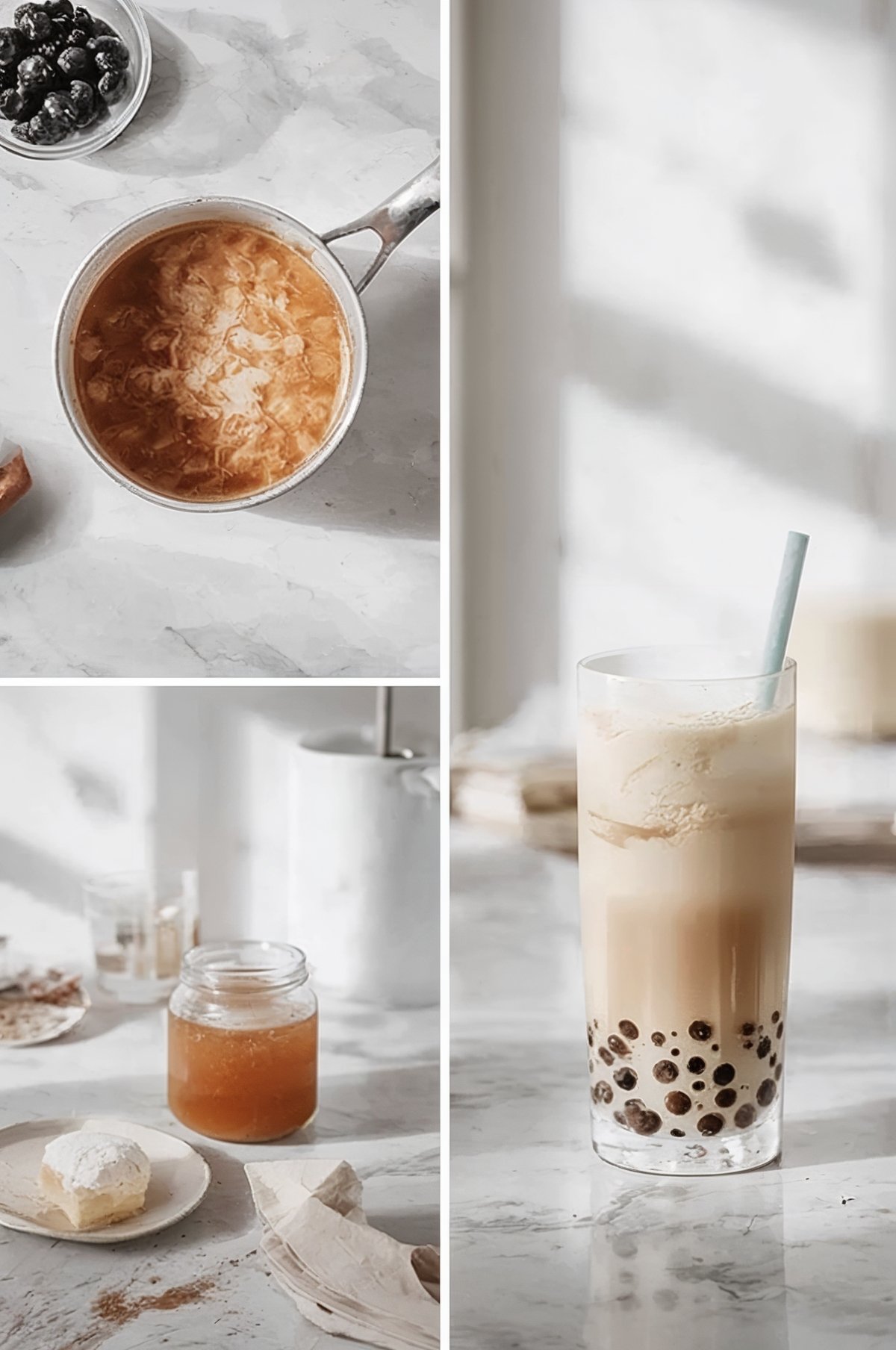 “Vertical collage showing how to make bubble tea at home: a saucepan of simmering tea on marble, a jar of sweet syrup with baking ingredients, and a tall iced milk tea with tapioca boba pearls in a clear glass on a bright kitchen counter.”