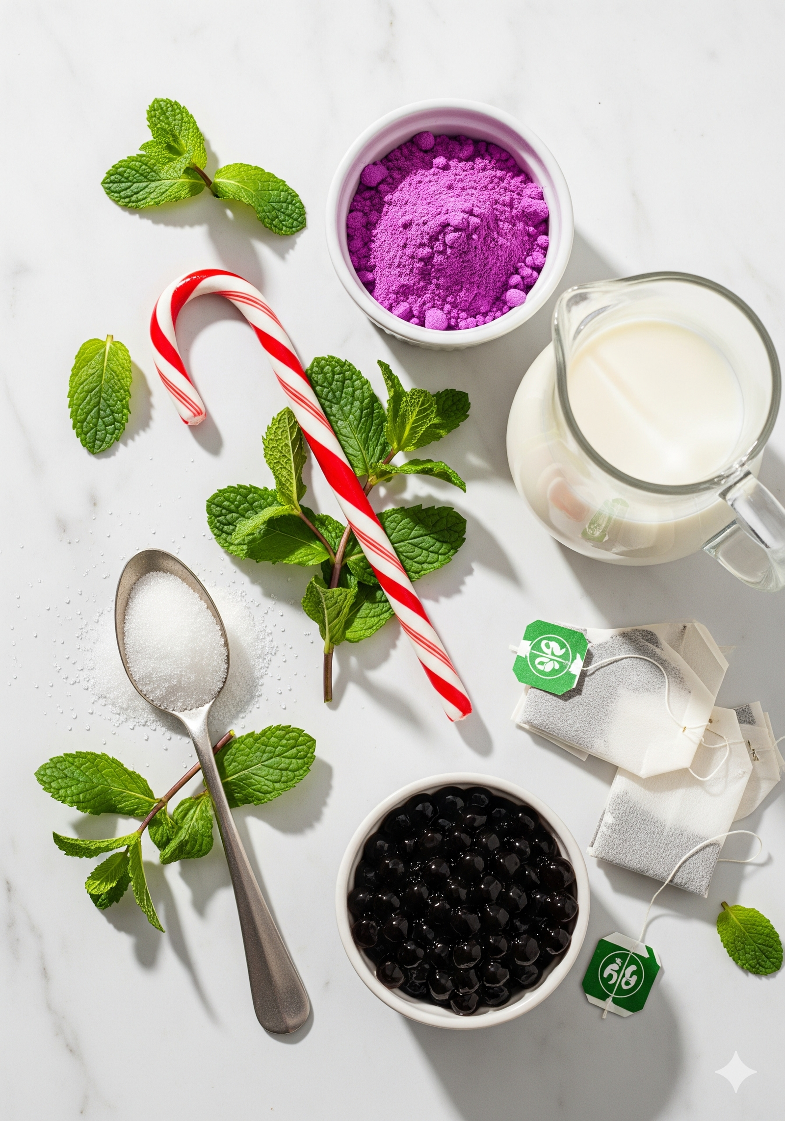 Overhead flatlay of peppermint taro bubble tea ingredients: purple taro powder, fresh mint, black tapioca pearls, milk, tea bags, and a candy cane.