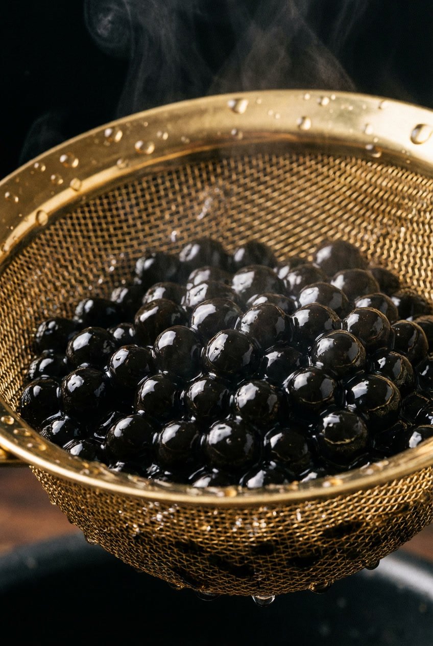 Extreme close-up of shiny black pearls being rinsed in a gold fine mesh strainer.