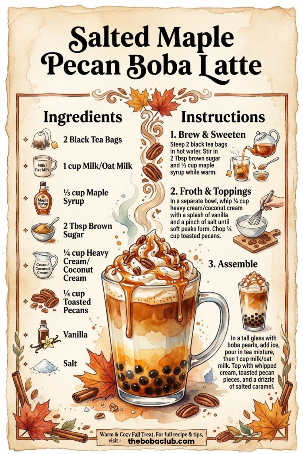 Watercolor recipe infographic for Salted Maple Pecan Boba Latte, detailing ingredients and step-by-step instructions for a cozy autumn dessert drink.