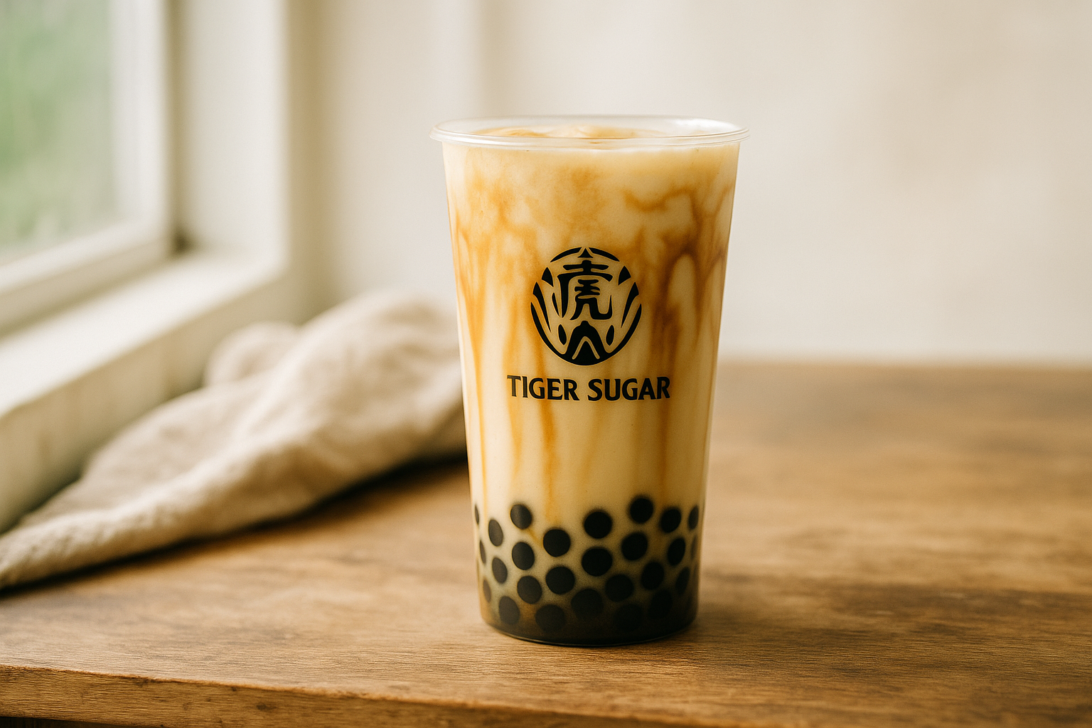 Tiger Sugar brown sugar bubble tea in a tall cup photographed in soft natural window light on a wooden table