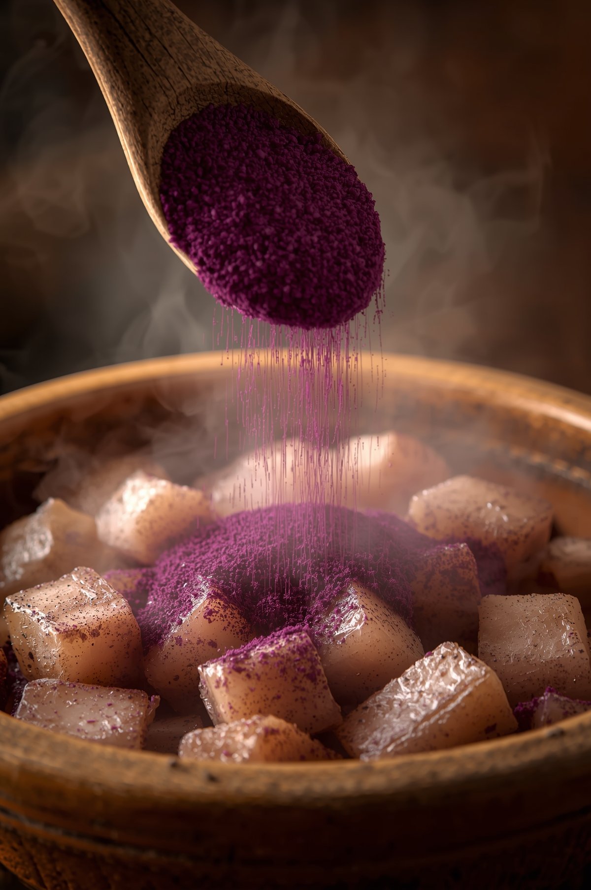 Close-up of smooth purple taro paste being whisked in a glass bowl.