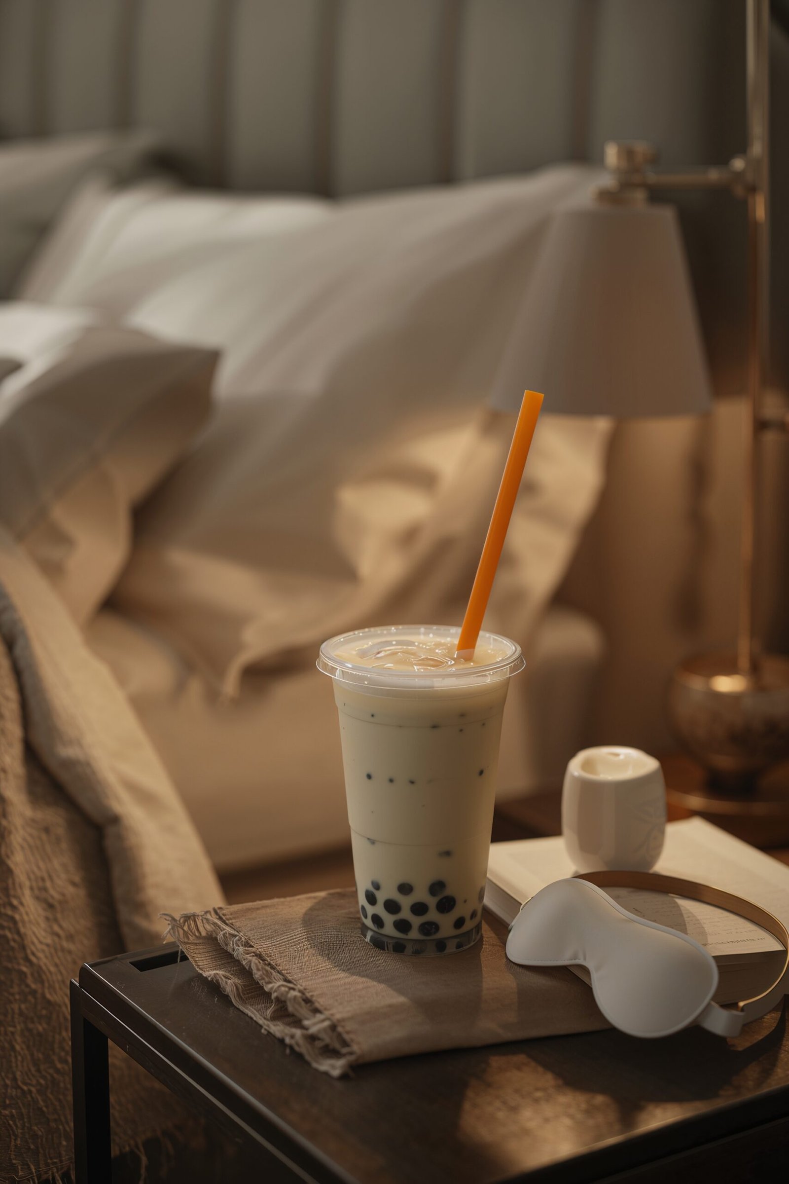 Bubble tea on a bedside nightstand in a cozy neutral bedroom, styled as a sleep-friendly low-caffeine order.
