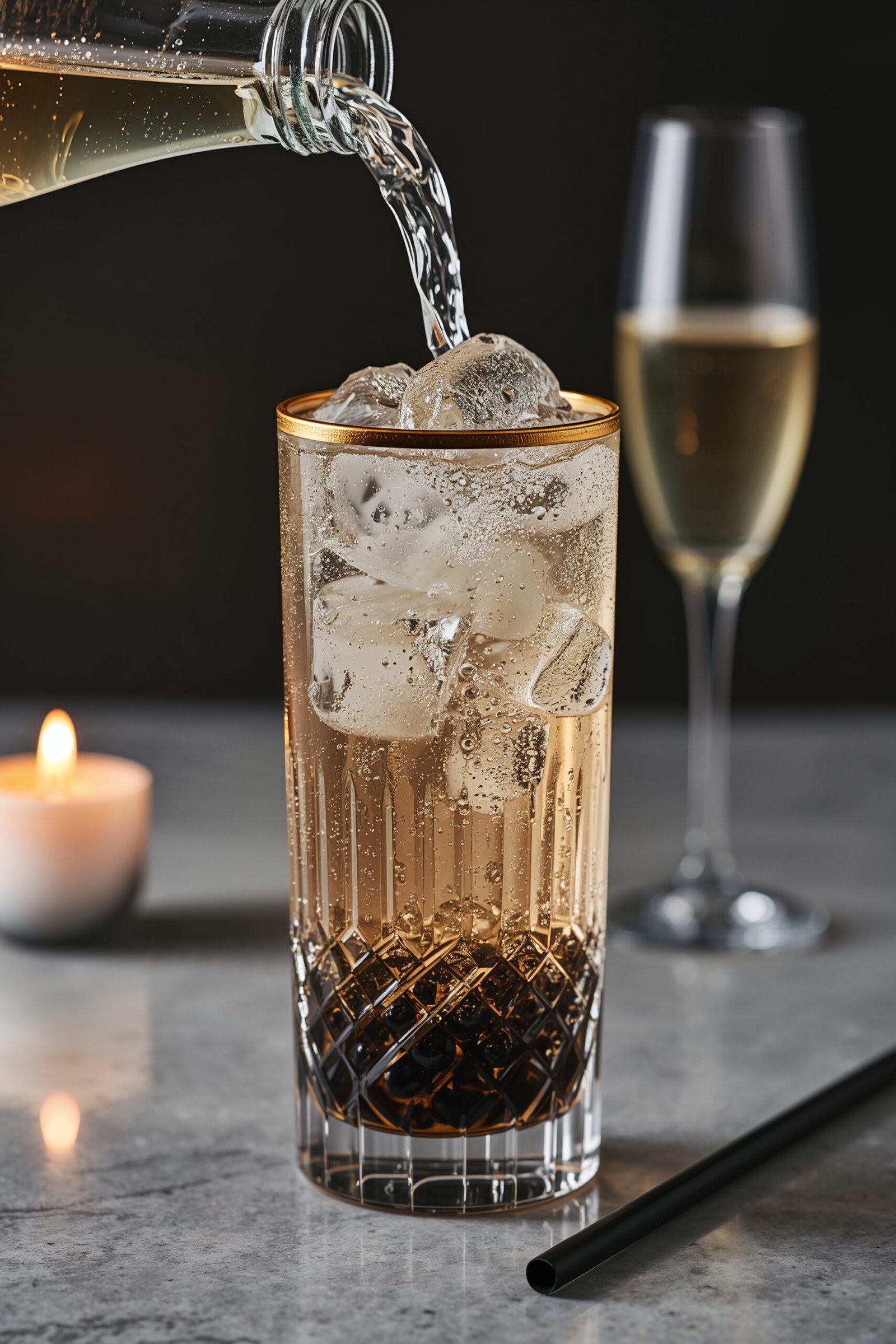 Sparkling water being poured into a festive sparkling jasmine boba mocktail with black tapioca pearls and ice in a cut-crystal glass.
