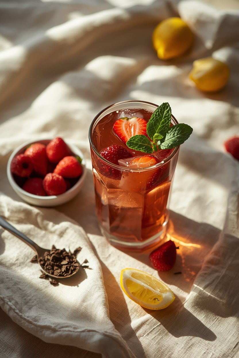 Glass of strawberry jasmine iced tea with ice, strawberry slices, and mint on a linen cloth in warm sunlight, with lemon and tea leaves nearby.
