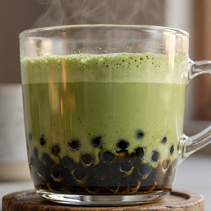 Hot matcha boba latte in a clear glass mug with black tapioca pearls and steam rising