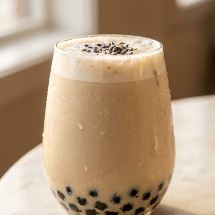 iced london fog bubble tea with black tapioca pearls in a glass