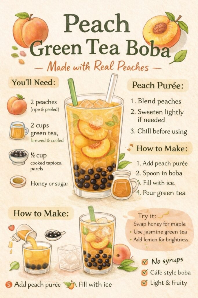 Peach green tea boba made with real peaches, featuring black tapioca pearls, iced green tea, and fresh peach slices in a clear glass.