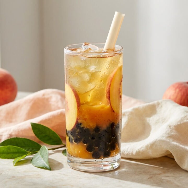 Peach green tea boba made with real peaches and chewy boba pearls