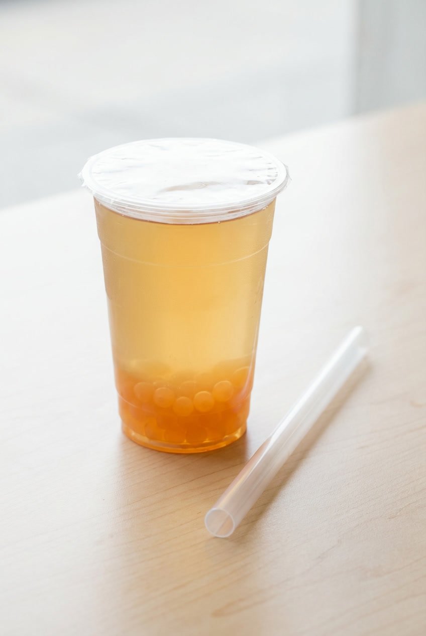 popping boba calories Fruit tea with popping boba in a clear cup and a wide boba straw beside it