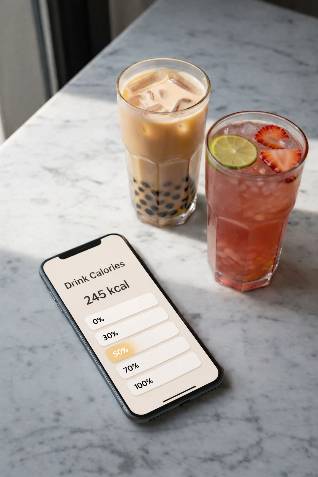 iPhone displaying bubble tea calorie calculator with 0%, 30%, 50%, 70% and 100% sugar levels next to milk tea and fruit tea on marble countertop