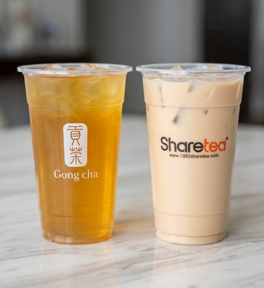 Gong Cha tea and Sharetea milk tea side by side on a marble table for a bubble tea calories comparison