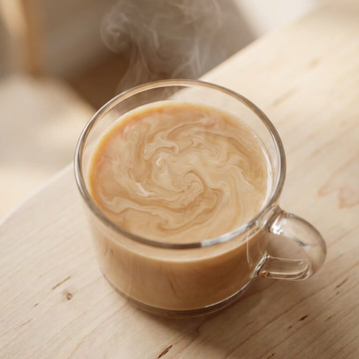 Oolong milk tea in a clear glass mug with soft steam on a wooden table