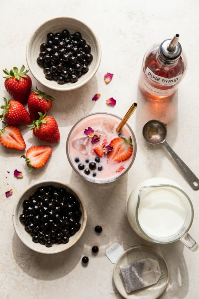 Valentine’s Day bubble tea ingredients with strawberry rose milk tea and boba