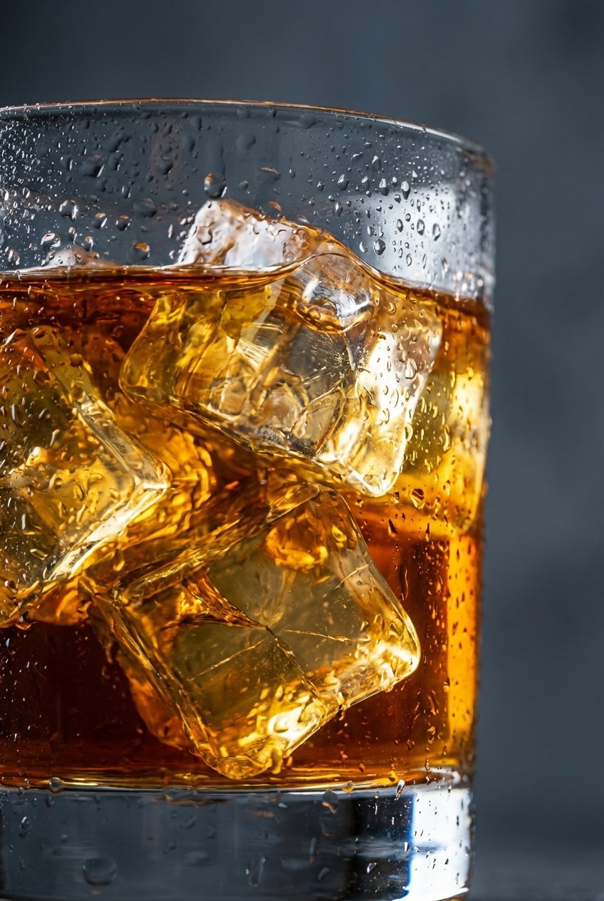 Close-up of amber fruit tea with ice cubes and condensation, showing the rich color at 25 percent sugar level