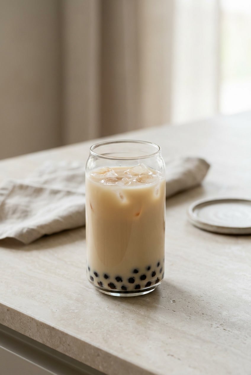 A lighter milk tea bubble tea with reduced sweetness, ice, and a modest amount of tapioca pearls in a clear glass