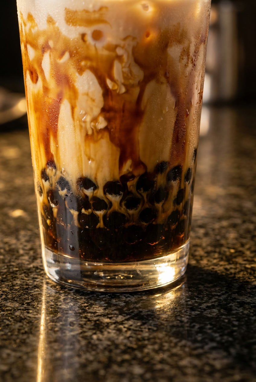 Brown sugar milk tea with tapioca pearls in glass showing full-sugar bubble tea