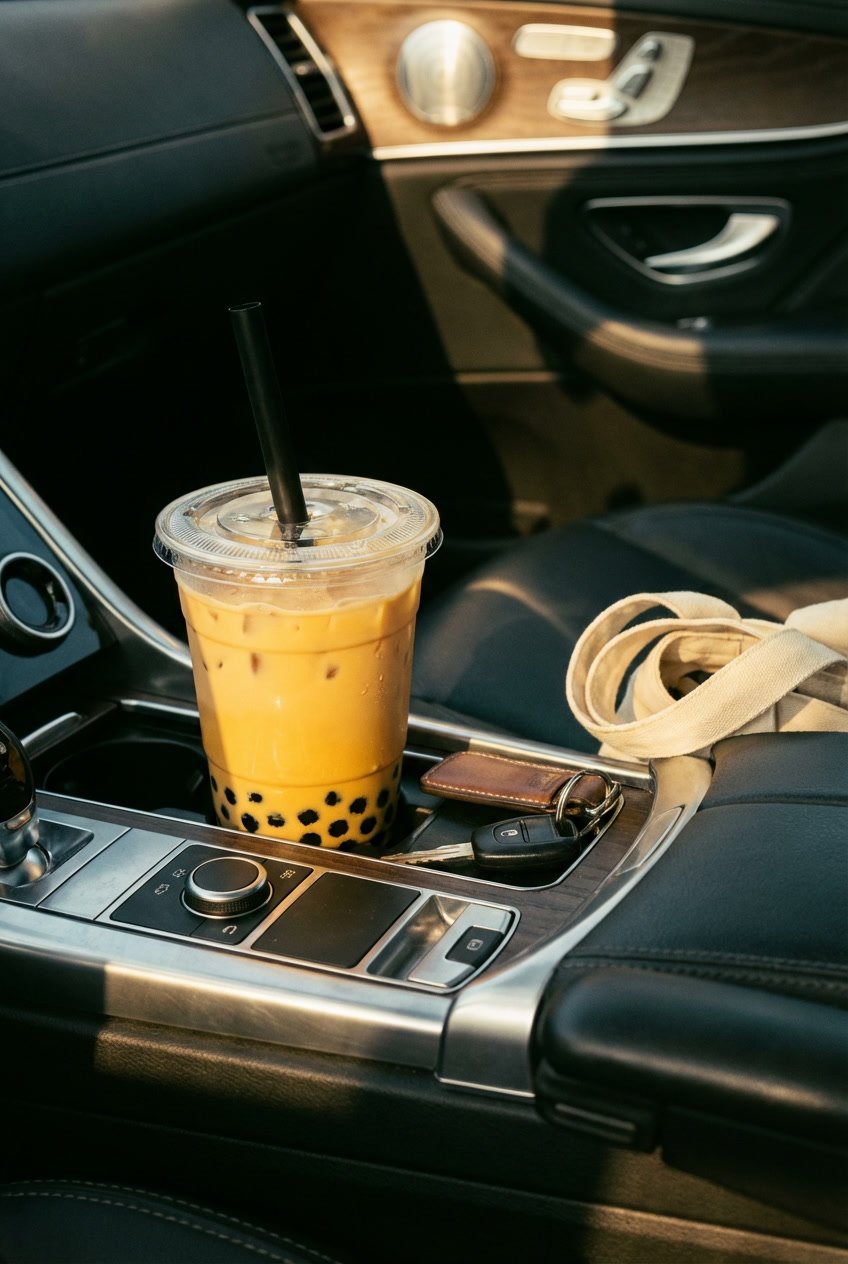Bubble tea after a workout in a car cupholder with keys and tote strap nearby