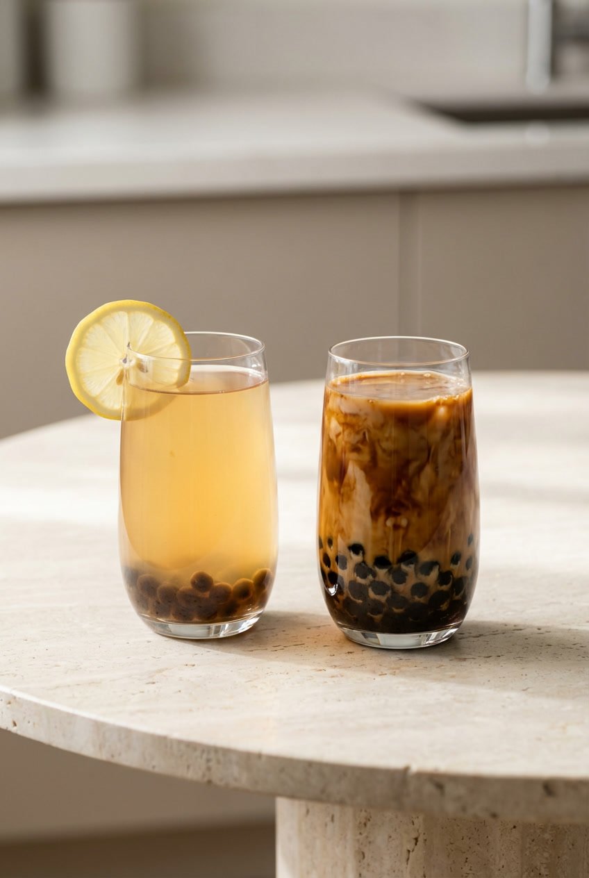 Comparison of a lighter fruit tea bubble tea and a richer milk tea with more tapioca pearls for weight loss choices