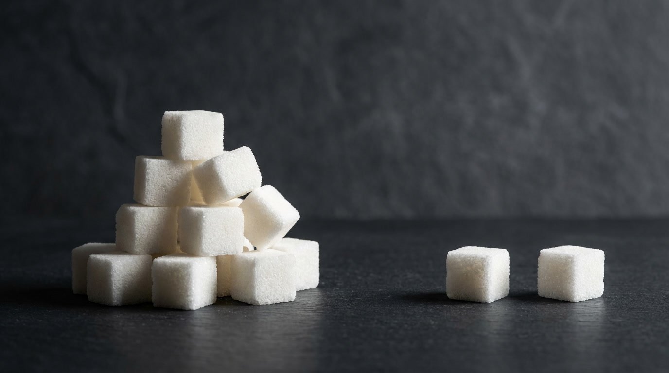 Stacked sugar cubes compared with two cubes on a dark surface representing higher and lower sugar levels