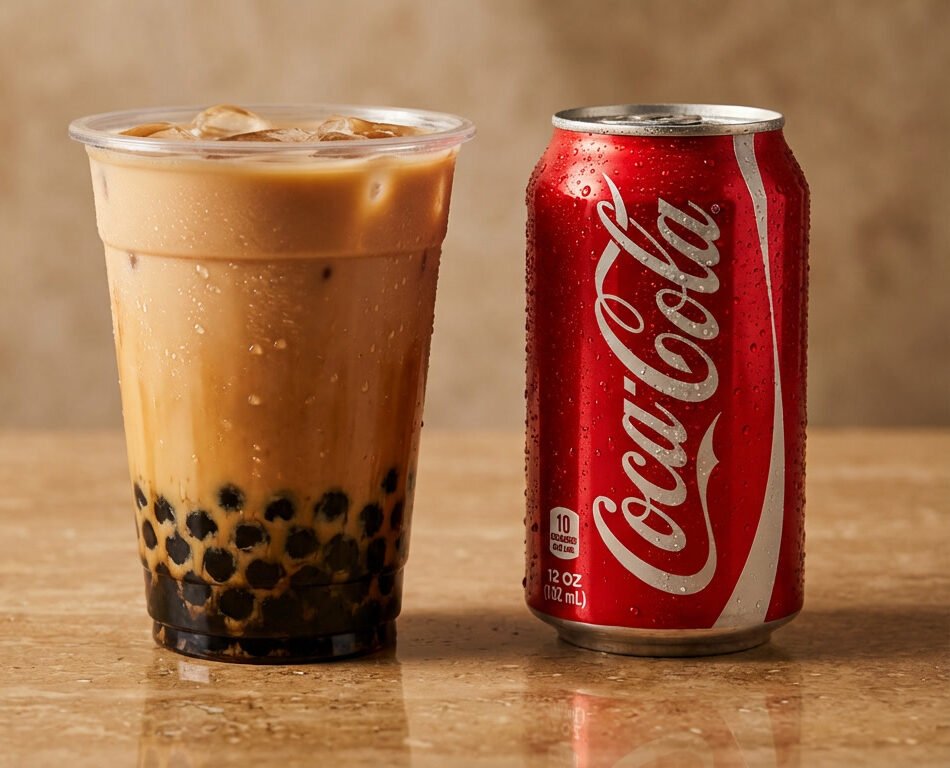 Milk tea with tapioca pearls in a clear plastic cup next to a can of soda on a neutral surface.