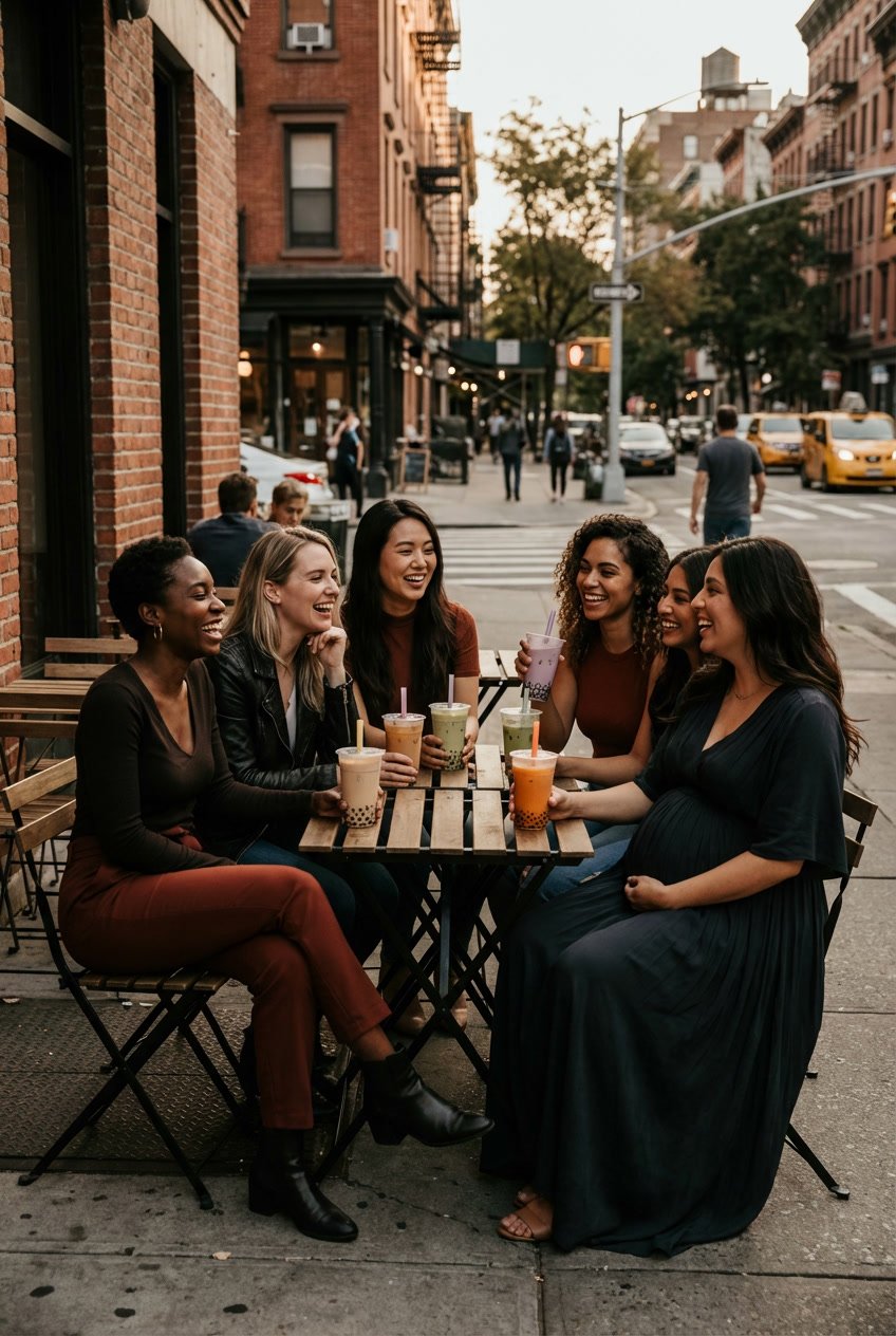 can you drink bubble tea while pregnant with friends at an outdoor New York cafe