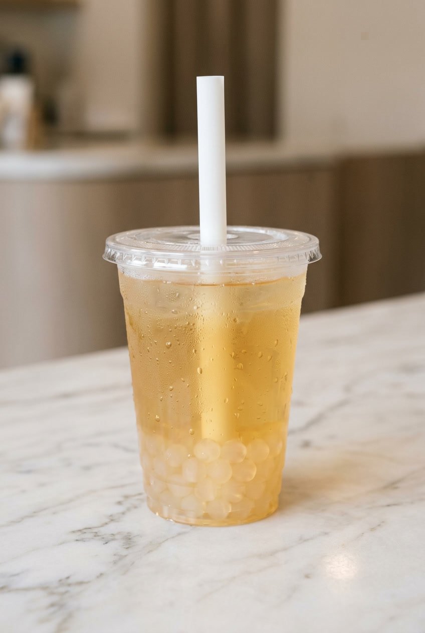 Light jasmine tea with crystal boba in a clear cup on a marble countertop