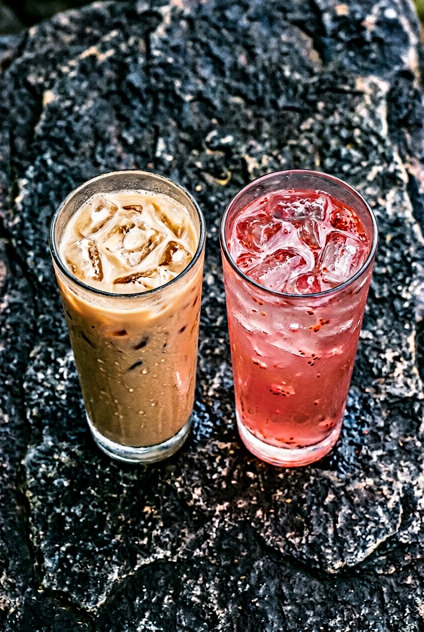 Overhead view of iced milk tea next to strawberry green tea on a dark stone surface