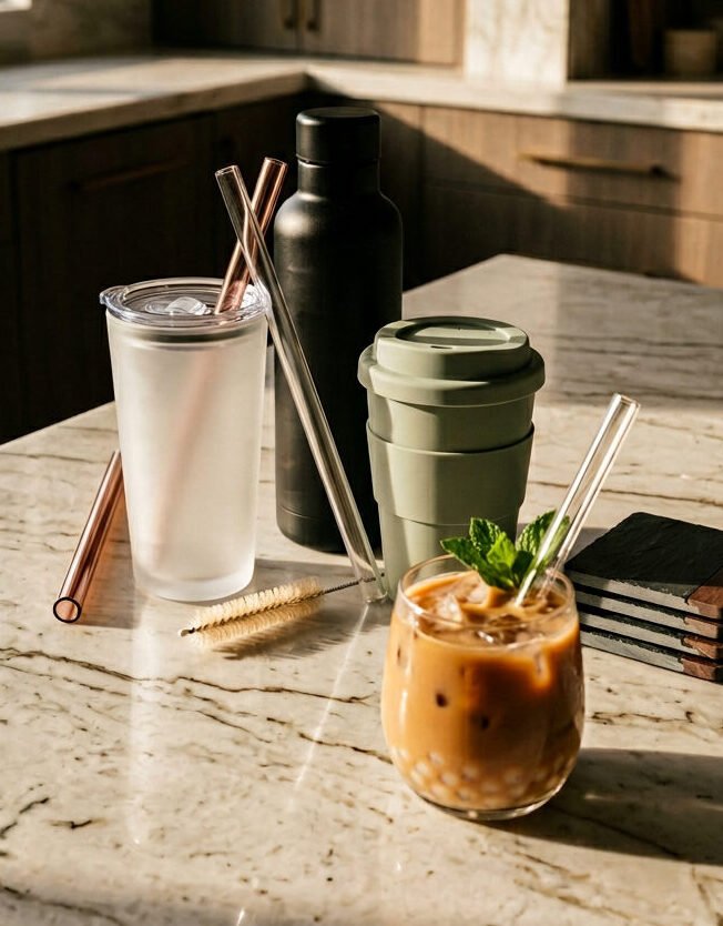reusable boba cups, wide straws, and iced milk tea on a marble countertop