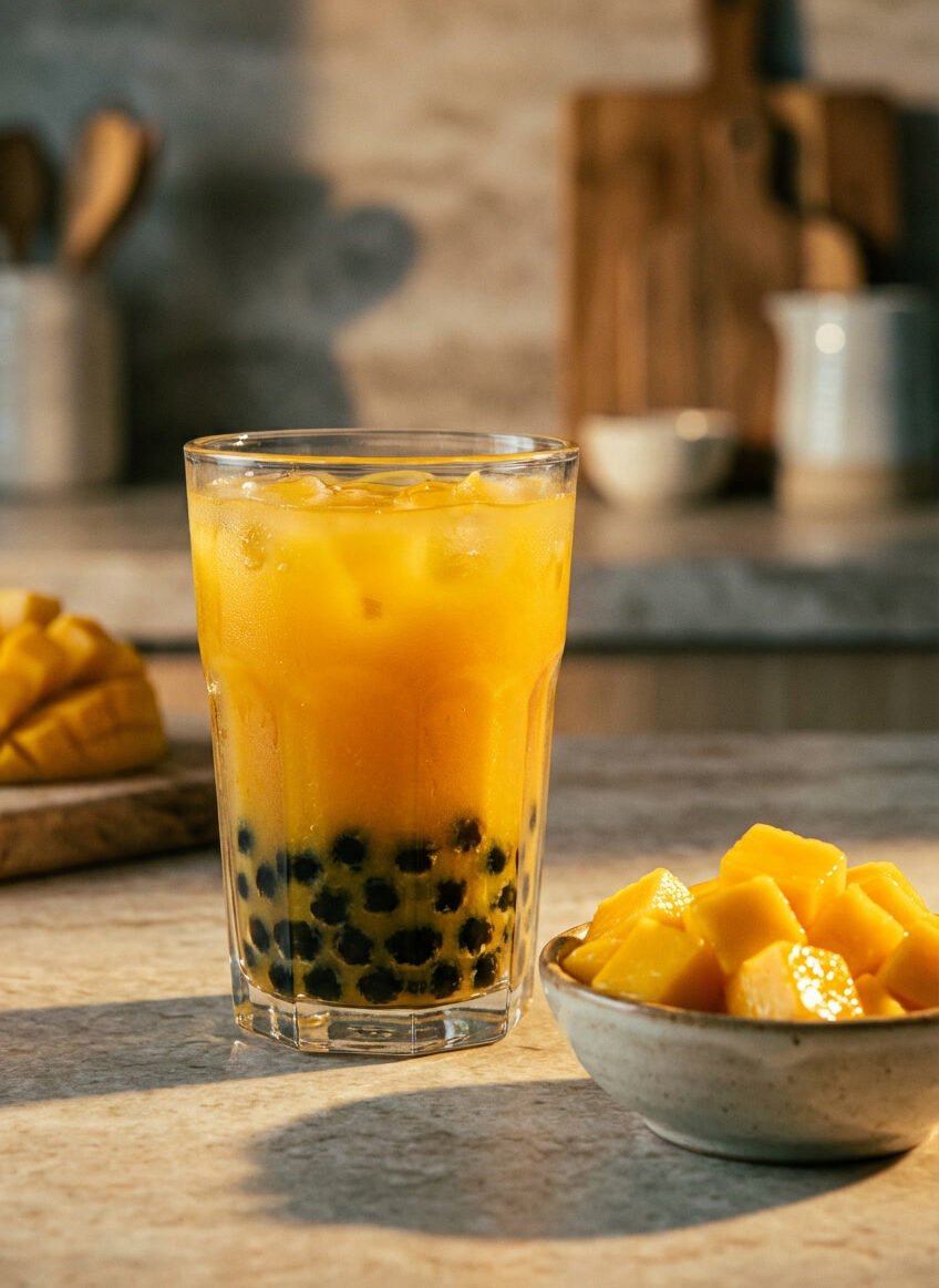 mango bubble tea recipe with a bowl of mango beside the drink