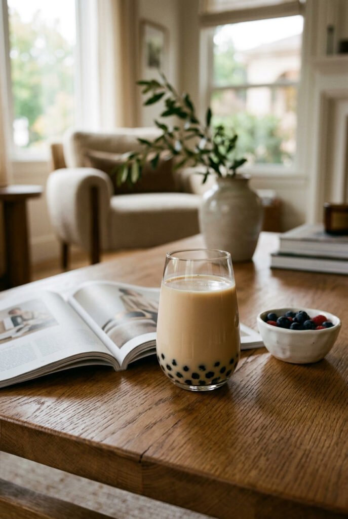 Light milk tea with black tapioca pearls on a wooden coffee table beside an open magazine