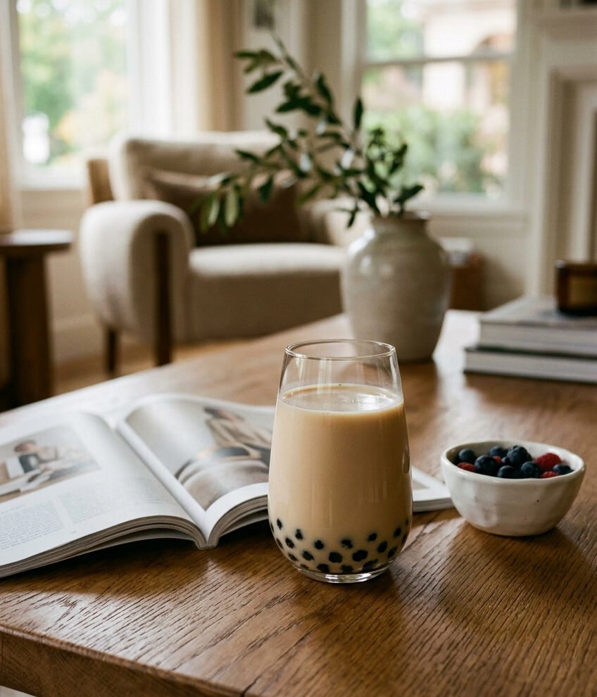 Light milk tea with black tapioca pearls on a wooden coffee table beside an open magazine