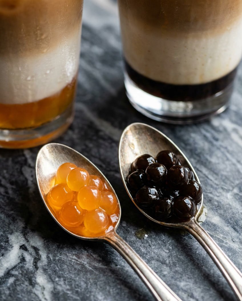 Close-up of popping pearls and tapioca boba on spoons with drinks in the background