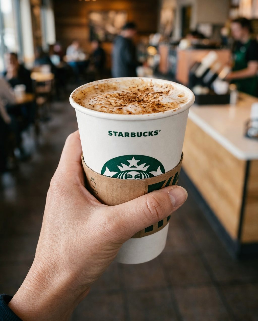 Starbucks chai latte calories image of hot chai latte held inside Starbucks cafe