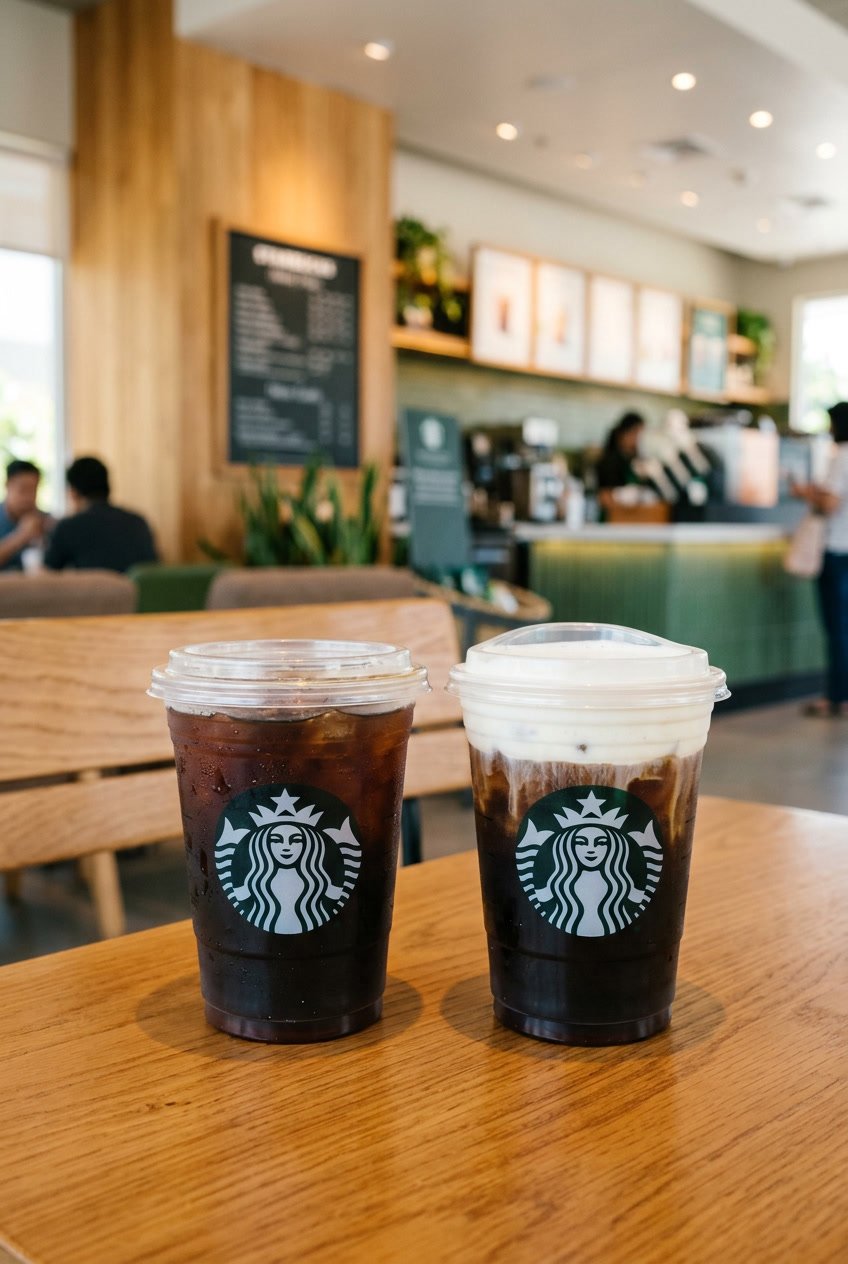 Two Starbucks iced coffee drinks in branded cups, one plain and one topped with cold foam