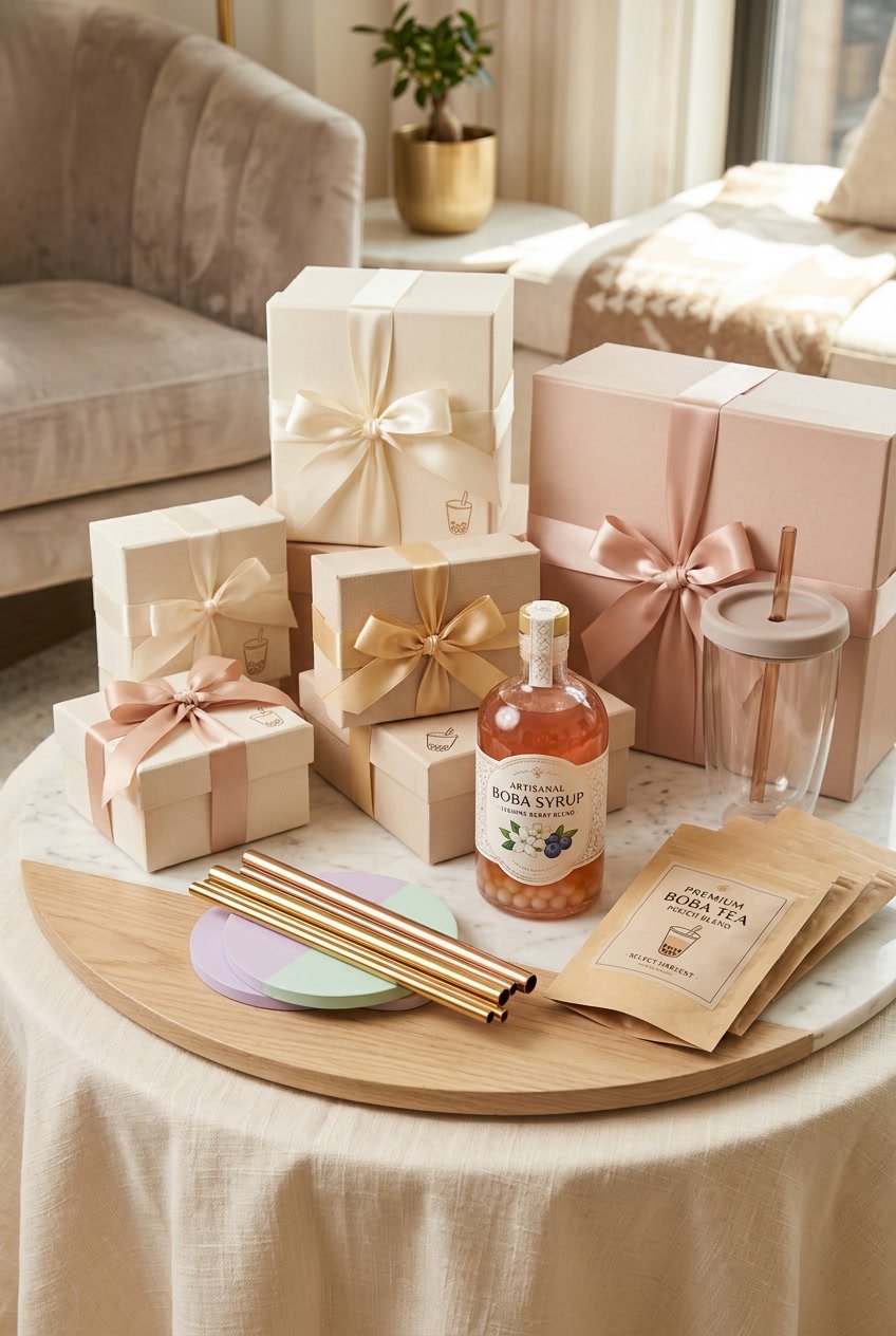 beautifully wrapped boba gifts with reusable cup, wide straws, coasters, syrup, and tea on a round table