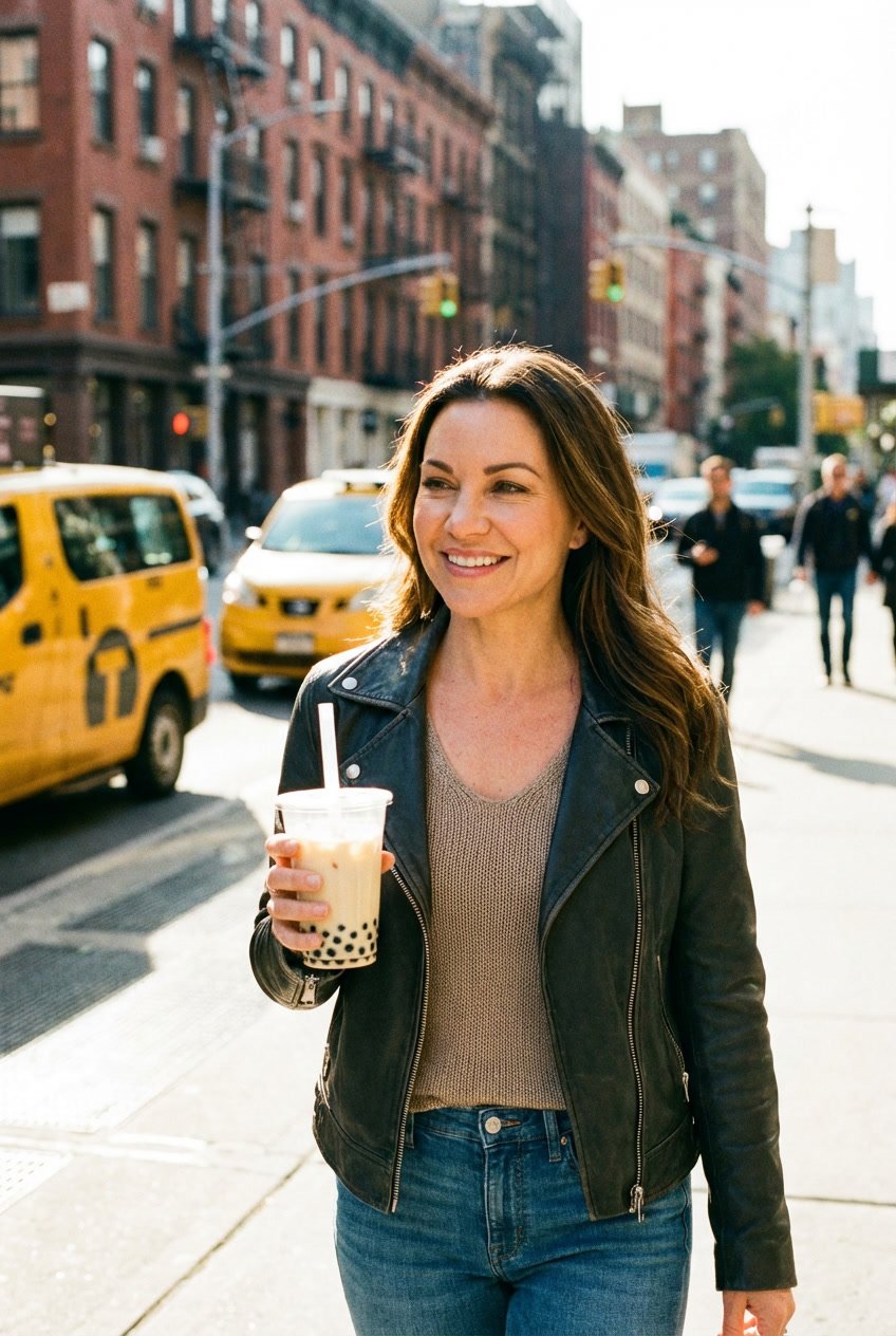 Woman walking in New York City holding bubble tea for an ultimate bubble tea calorie guide