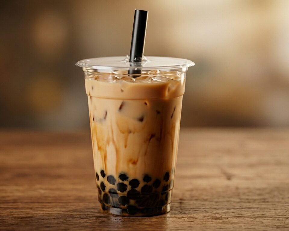 Brown sugar bubble tea in a clear cup with black boba pearls and straw for a bubble tea calories guide