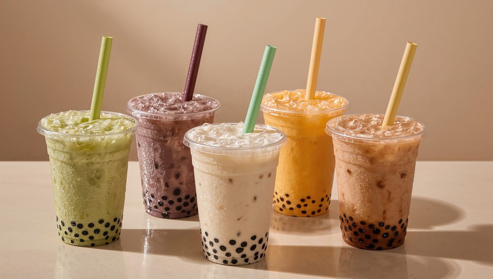 "Bubble tea calories comparison featuring matcha, taro, milk tea, mango and chocolate boba flavors"