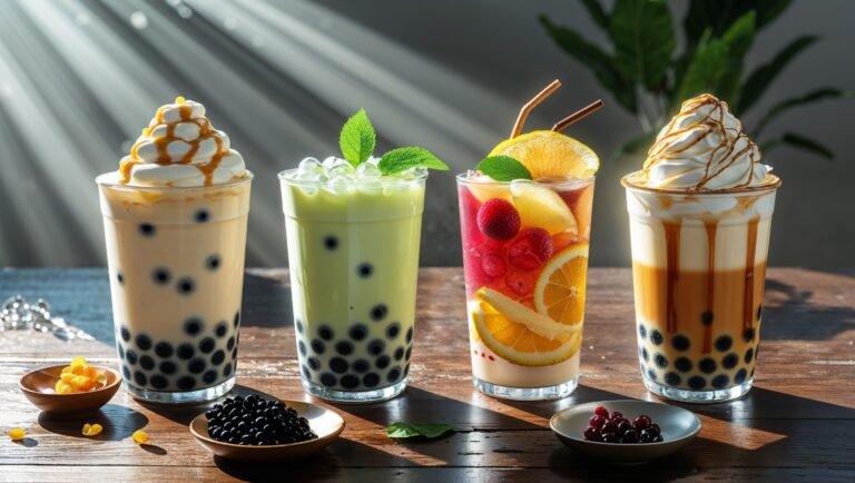 Editorial style photo of four bubble tea drinks with tapioca pearls, matcha, fruit slices, and caramel drizzle on a wooden table with natural sunlight.