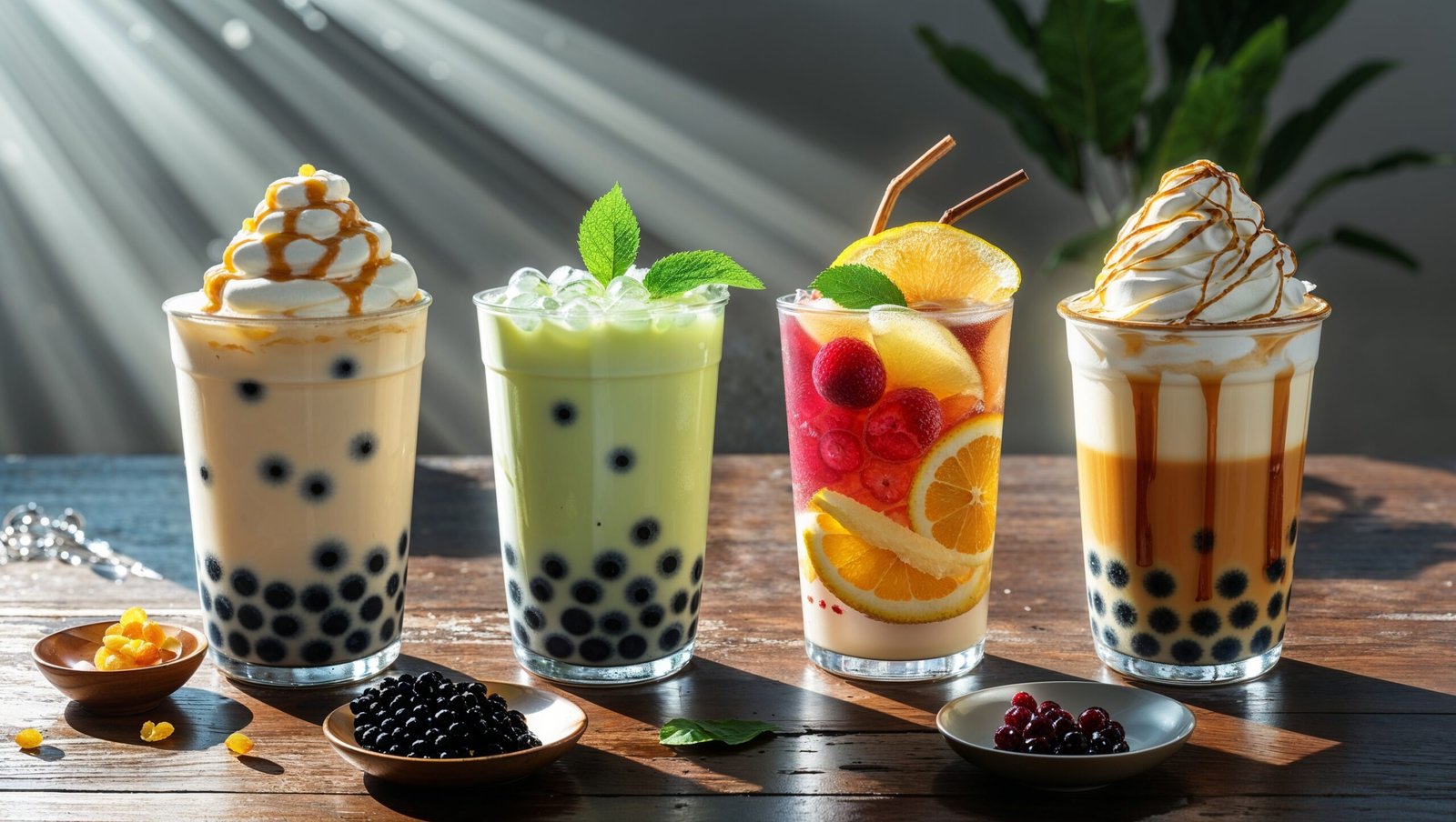 Editorial style photo of four bubble tea drinks with tapioca pearls, matcha, fruit slices, and caramel drizzle on a wooden table with natural sunlight.