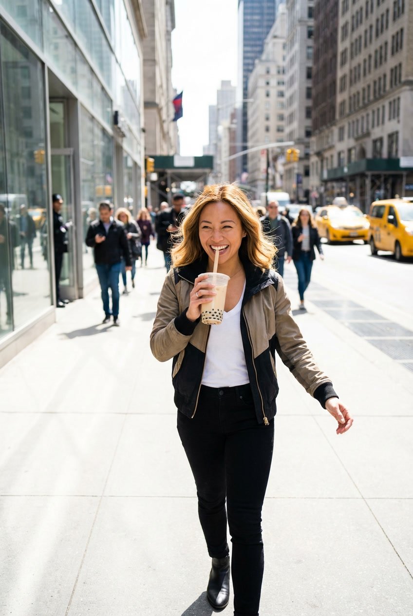 Woman confidently sipping a light-colored bubble tea while walking down a sunny, modern city street (NYC vibe).